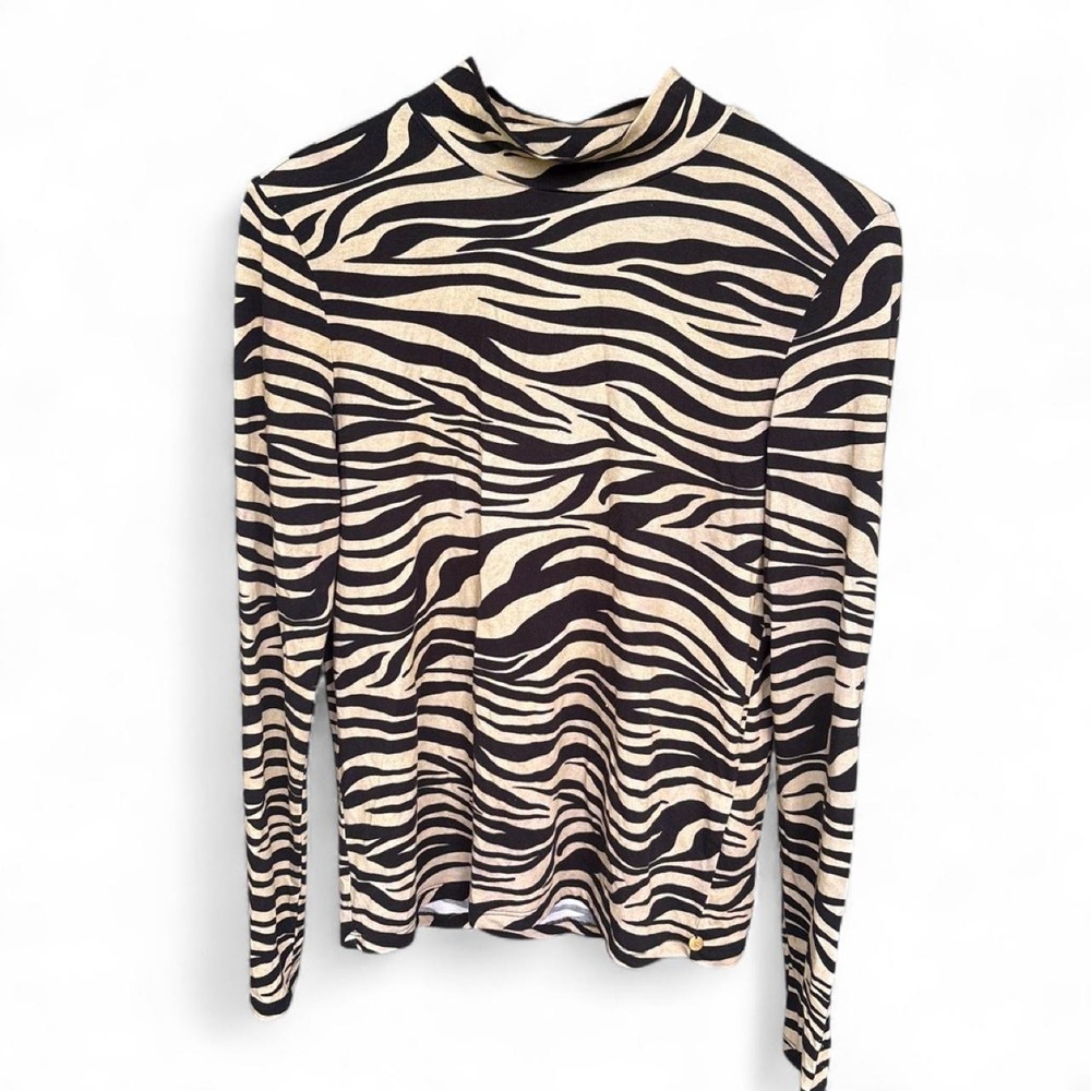 Scotch & Soda black and beige zebra print mock neck long sleeve top in size L - Picture 4 of 8